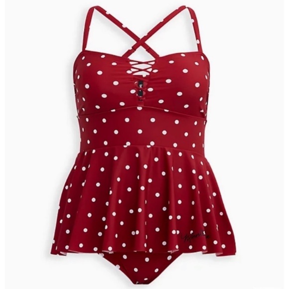 Torrid Disney Minnie Mouse Red Dot Retro Lattice Peplum Swim Dress Swimsuit 3X - Picture 14 of 16